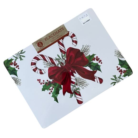 Candy Cane Red Bow Corked Backed Placemats 12in x 16in  Set of 4 Holiday New - Picture 2 of 13